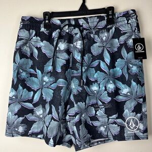 Volcom Men's Black Swim Shorts with Blue-Purple Floral Print